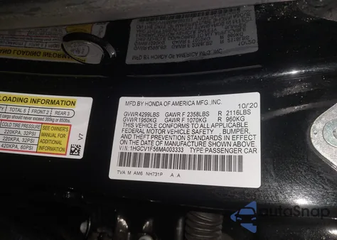 2021 Honda Accord Ex-L из США, поврежденный, VIN 1HGCV1F56MA003333